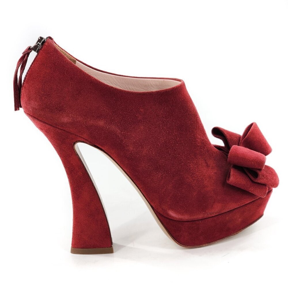 MIU MIU Red Peep Toe Suede Platform Heeled Bootie Bow Zip Size 37 6.5